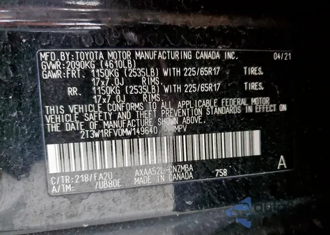 2021 Toyota Rav4 Xle from USA, damaged, VIN 2T3W1RFV0MW149640